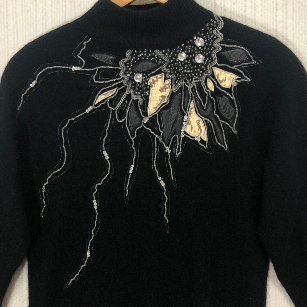 Rinzi Embellished Sweater‎ Mock Neck Beaded Rhinestone Snake Skin Patches M